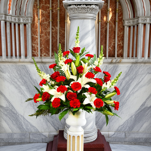 Funeral flower arrangement with red roses, carnations and lilies for memoriales in Churches, Funeral homes and cemeteries in Vancouver Lower Mainland.