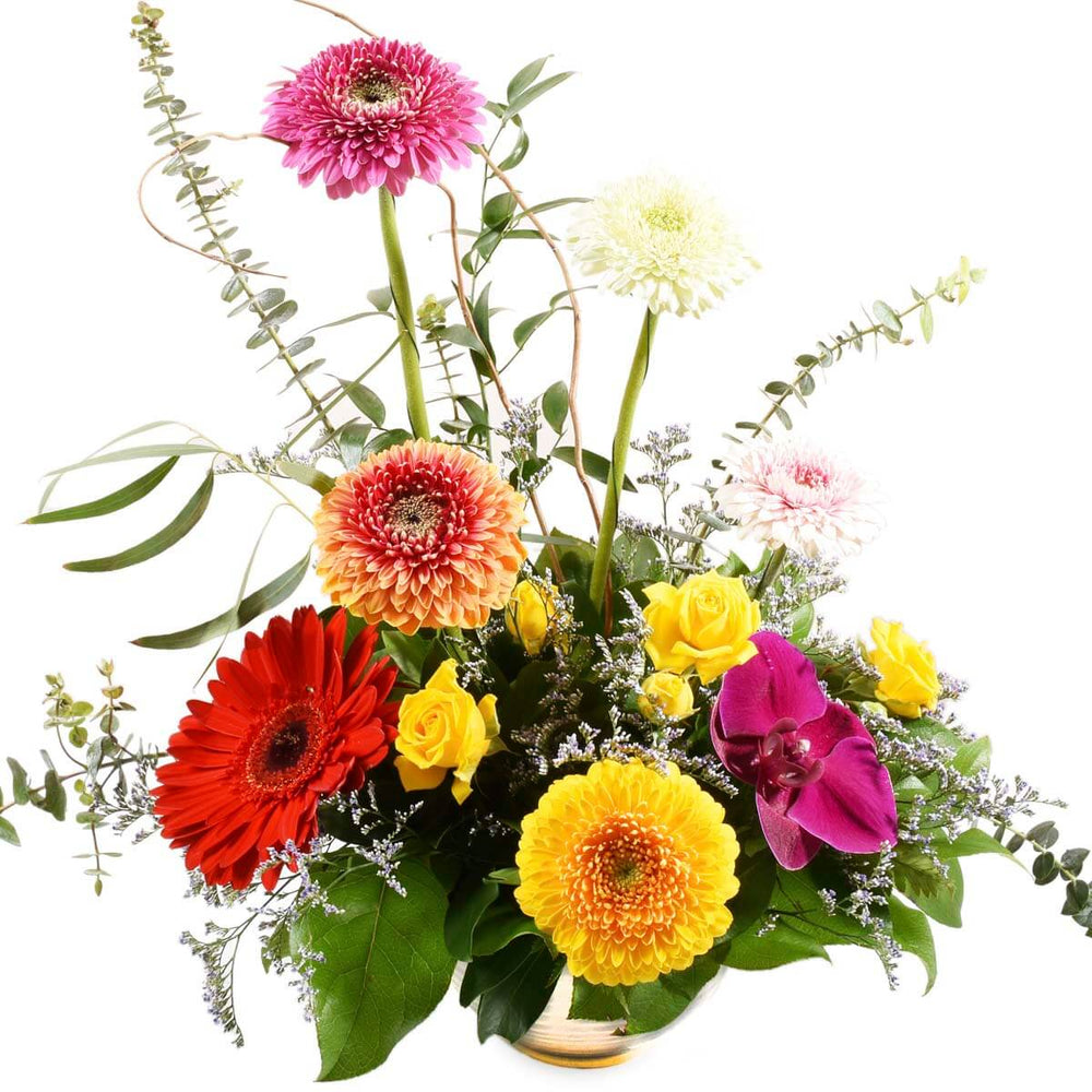 An arrangement in a ceramic container with colourful gerberas and yellow spray roses