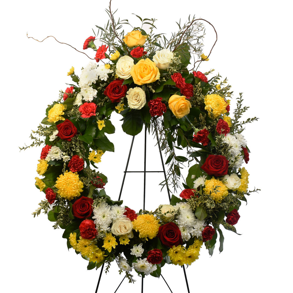 24 inch funeral wreath with bright flowers