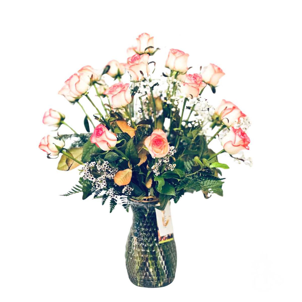 Vase with 24 pink roses as anniversary flowers for delivery in Vancouver Canada by Adele Rae Florists