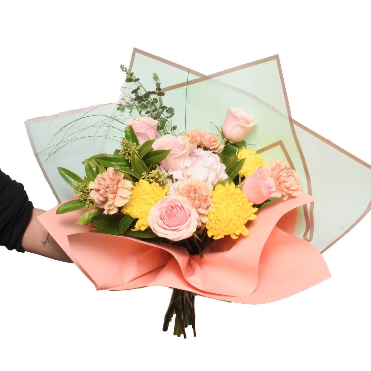 Colourful and bright Birthday flower bouquet with pink roses and yellow flowers