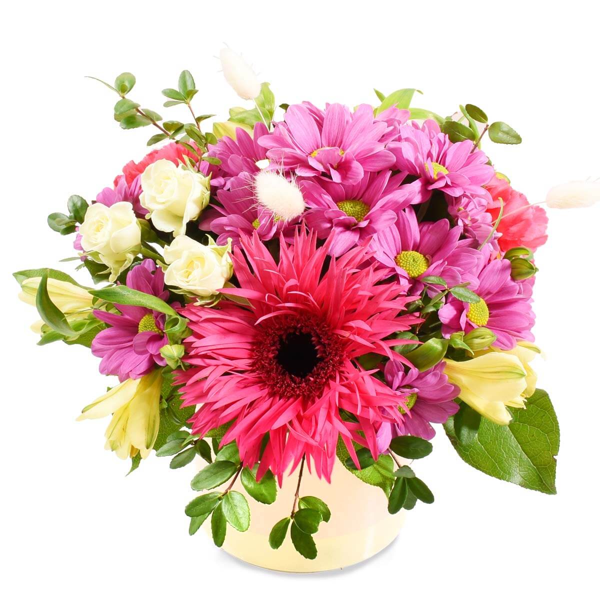 Ceramic vase with hot pink and mauve flowers, includes gerbera, chrysanthemums and mini roses