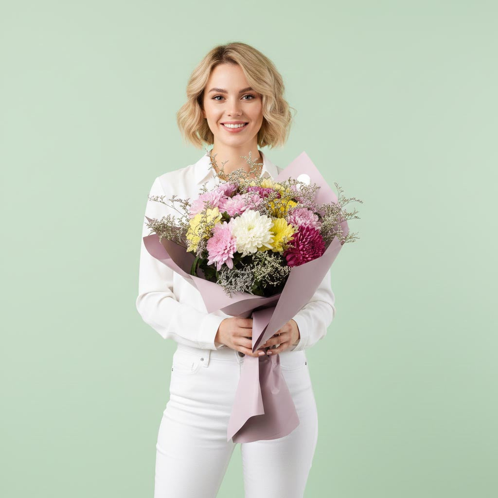 A bouquet of chrysanthemums in assorted colours for birthday or anniversary. Delivery in Burnaby and Vancouver.
