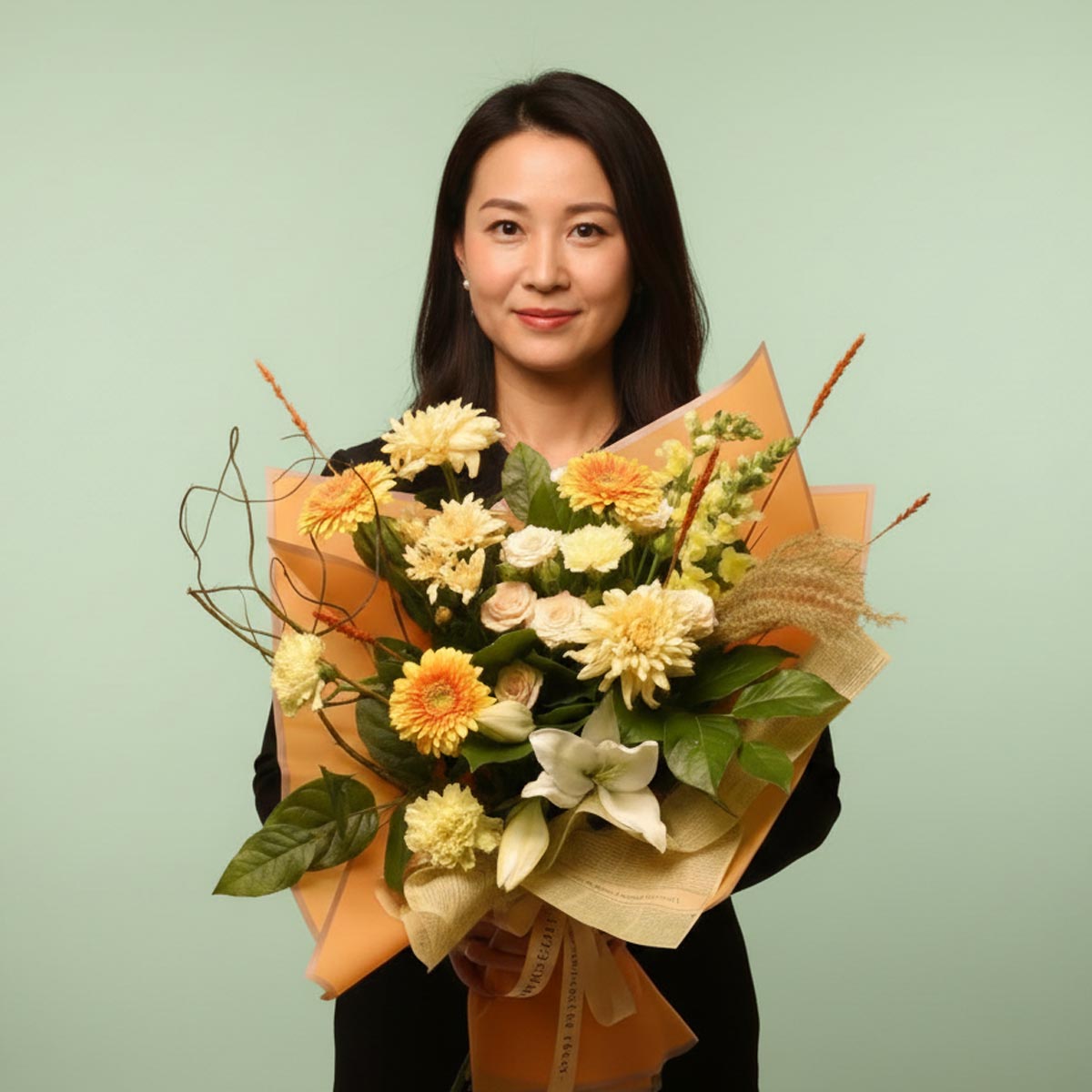 Woman holding a bouquet of flowers against a plain background