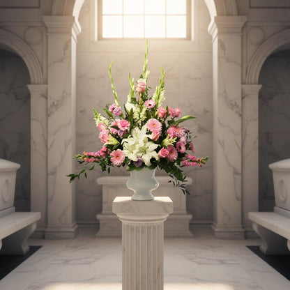 Funeral flower arrangment with lilies, roses and gerberas for Vancouver delivery.
