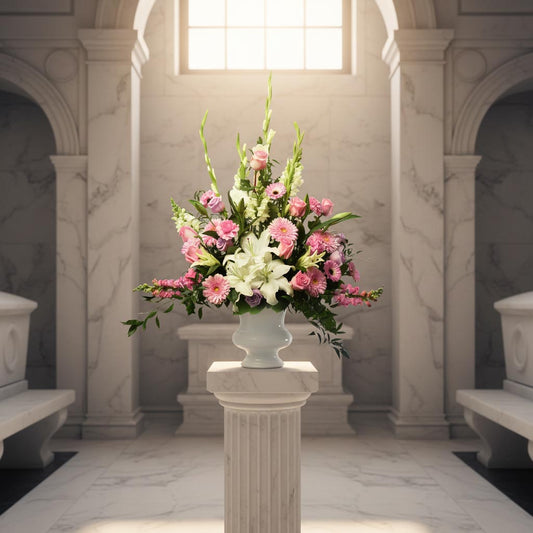 Funeral flower arrangment with lilies, roses and gerberas for Vancouver delivery.
