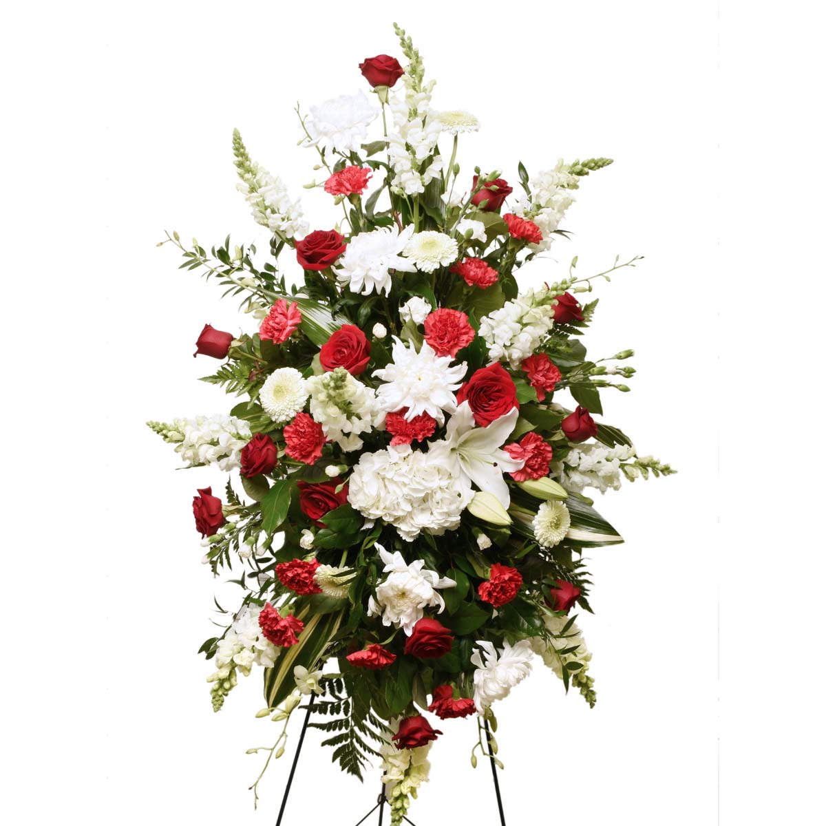 Floral standing for a funeral with white and red flowers
