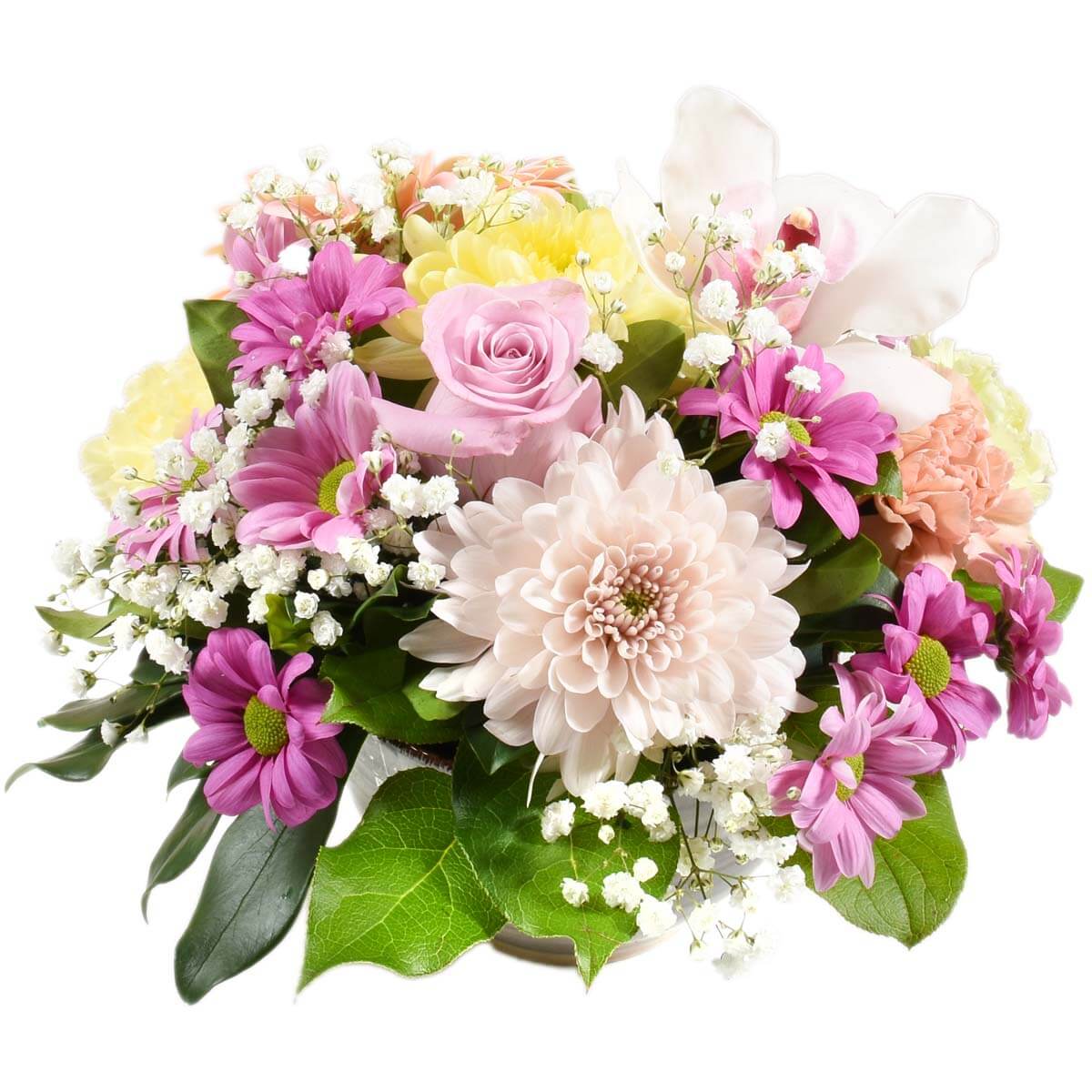 An arrangement in a ceramic container with beautiful blooms in mauve-pink colour for mom