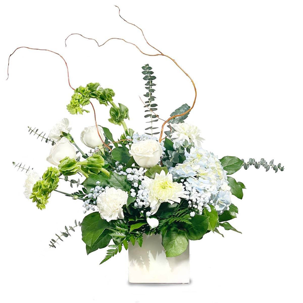 Buy White Flower Condolence arrangement with roses for Vancouver delivery from Adele Rae Florists