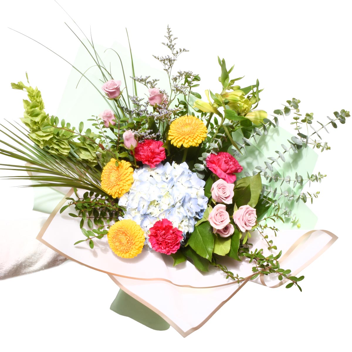 Bouquet of flowers with greenery on a white background, very colourful in yellow, pinks and blues.