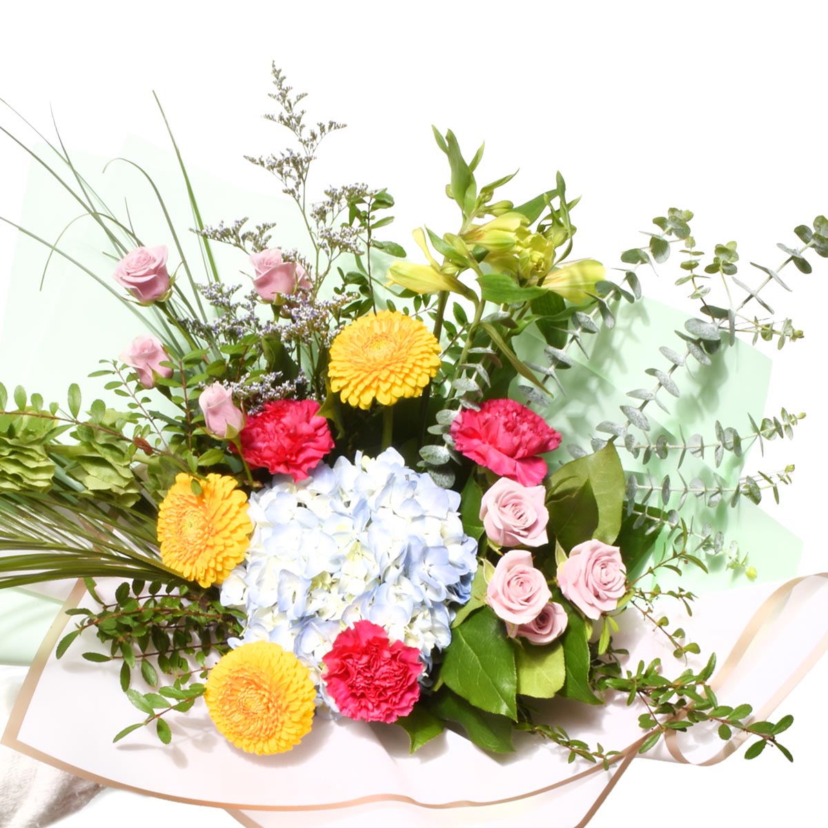 Colorful bouquet of flowers with pink roses, yellow chrysanthemums, and greenery on a white background for a birthday in Burnaby BC