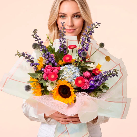 Summer flower bouquet with delphinium and sunflowers