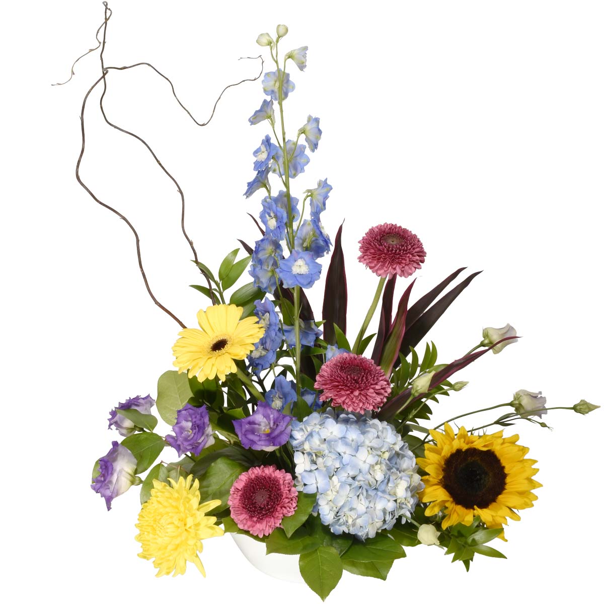 Colourful summer bouquet for birthday with delphinium and helianthus.