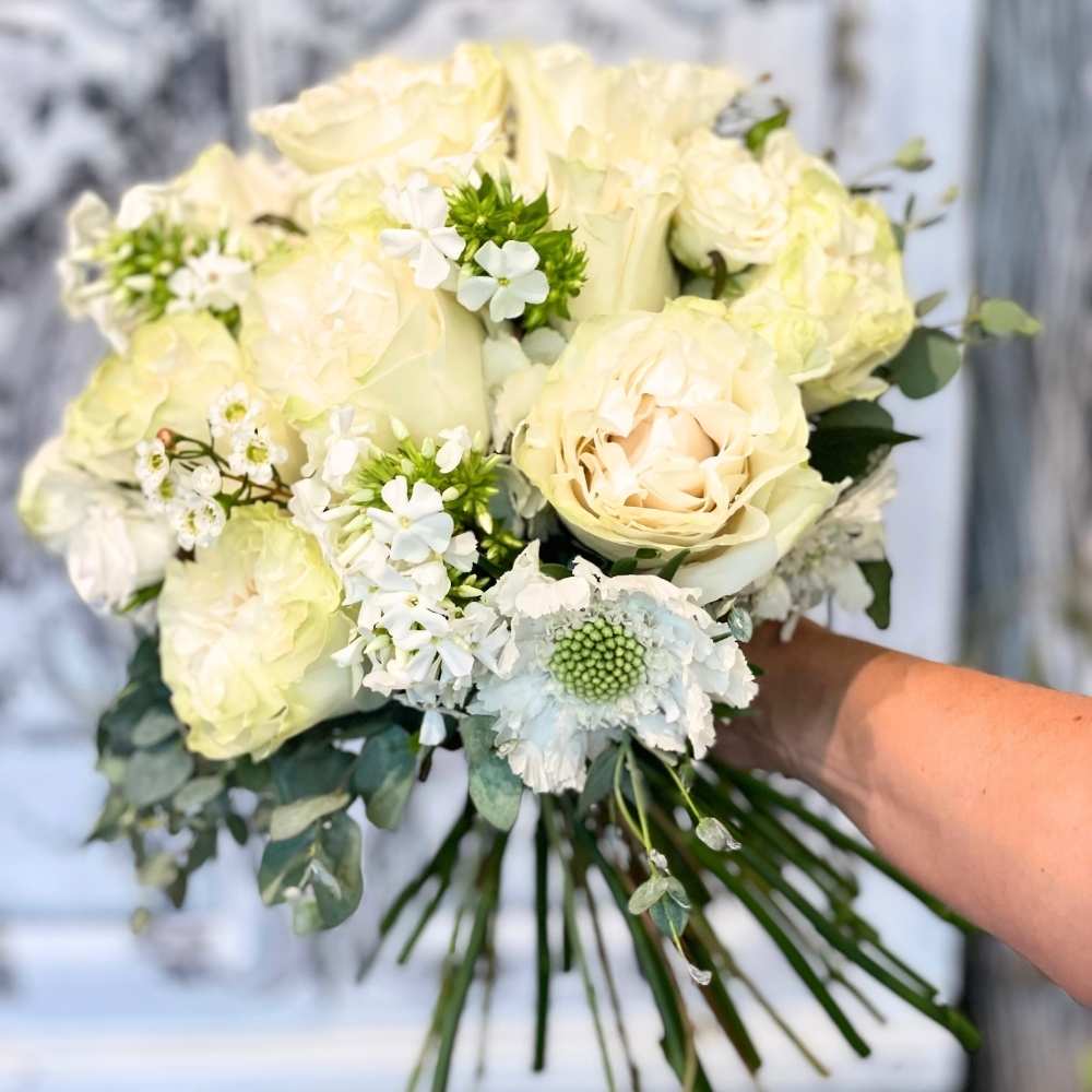 Nina Koba bridal wedding bouquet with white roses from Adele Rae Florist