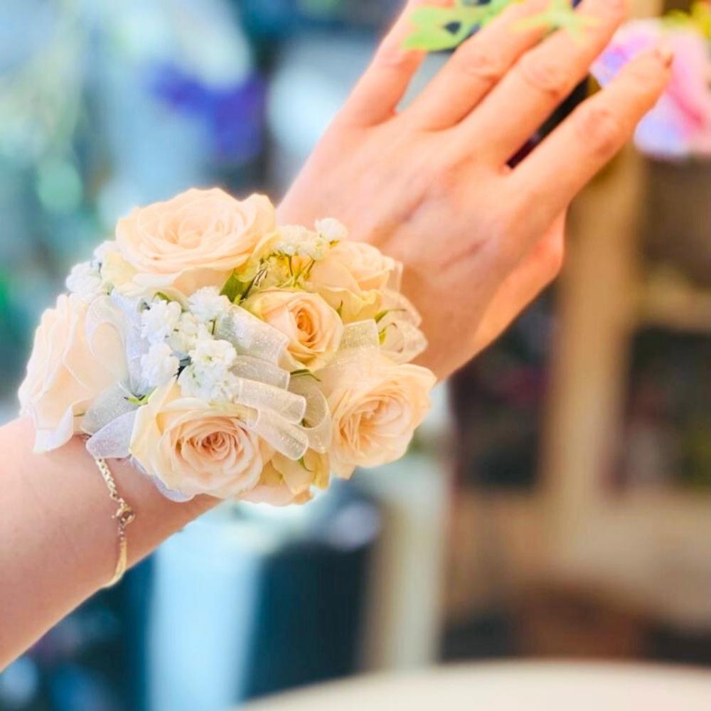 Wedding corsage with pink roses from Vancouver florist Adele Rae