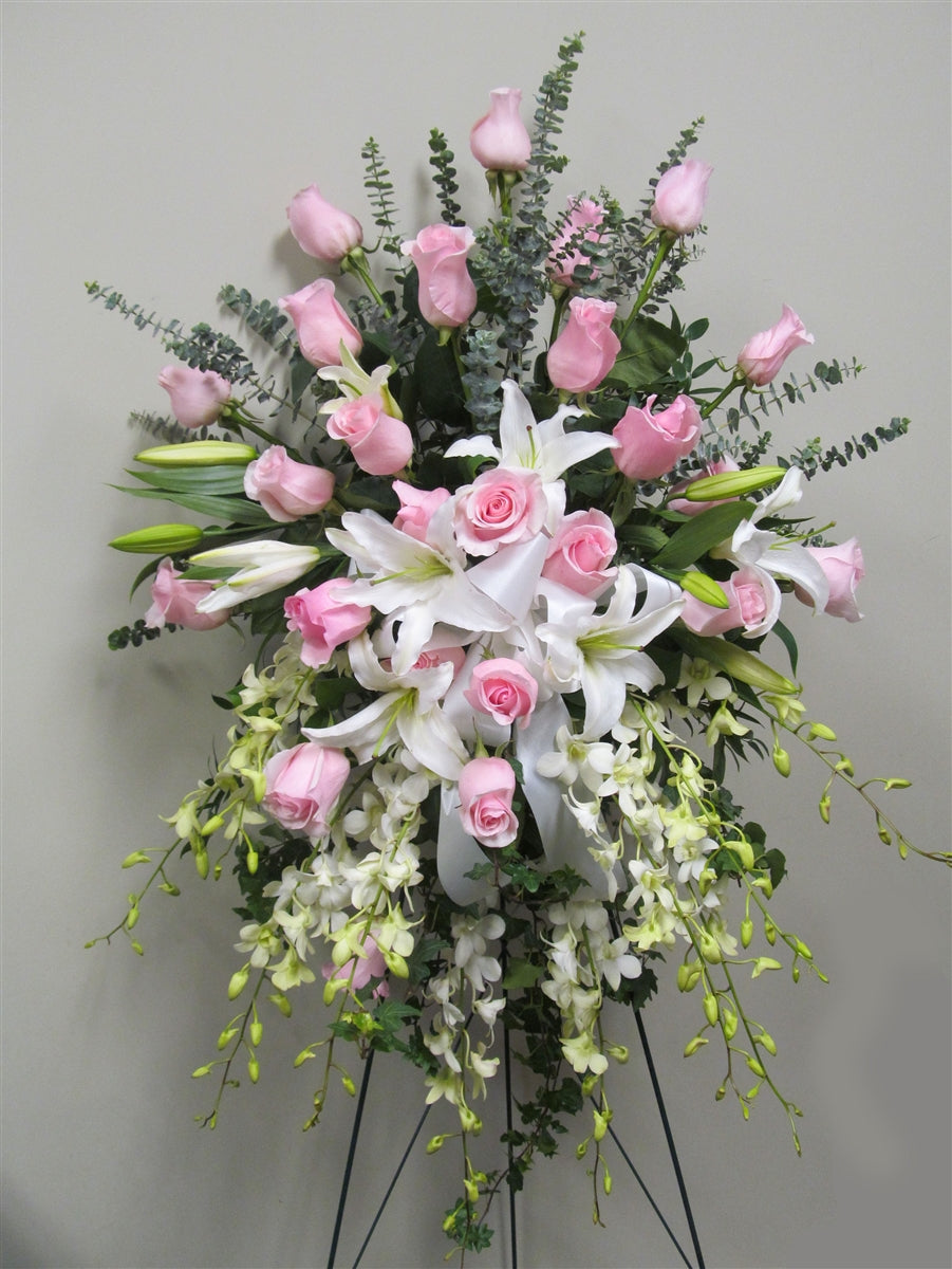 Funeral flower standing spray with pink flowers