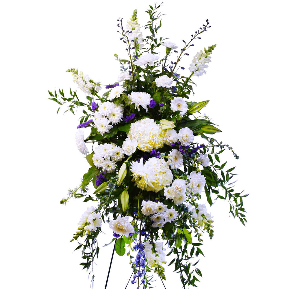 Funeral flower standing spray with white flowers for delivery in Vancouver