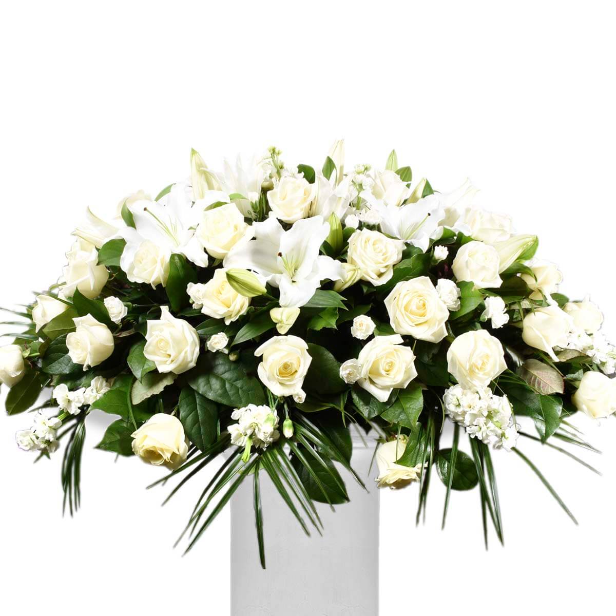 Coffin flower arrangement with white roses and lilies. Burnaby Funeral Flower 