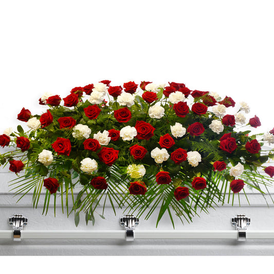 Coffin flowers with red roses and white carnations for delivery in Burnaby Canada