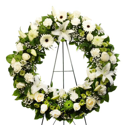 Funeral wreath with white flowers